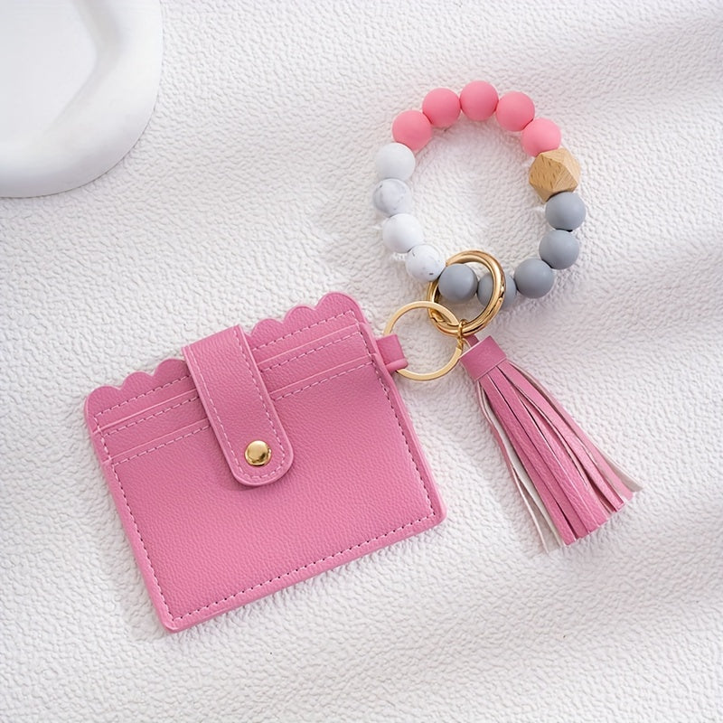 Men's Silicone Bead Bracelet Card Holder with Tassel Keychain