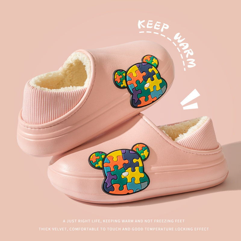 Colorful Bear Decor Slippers Faux Leather Plush Lined Shoes