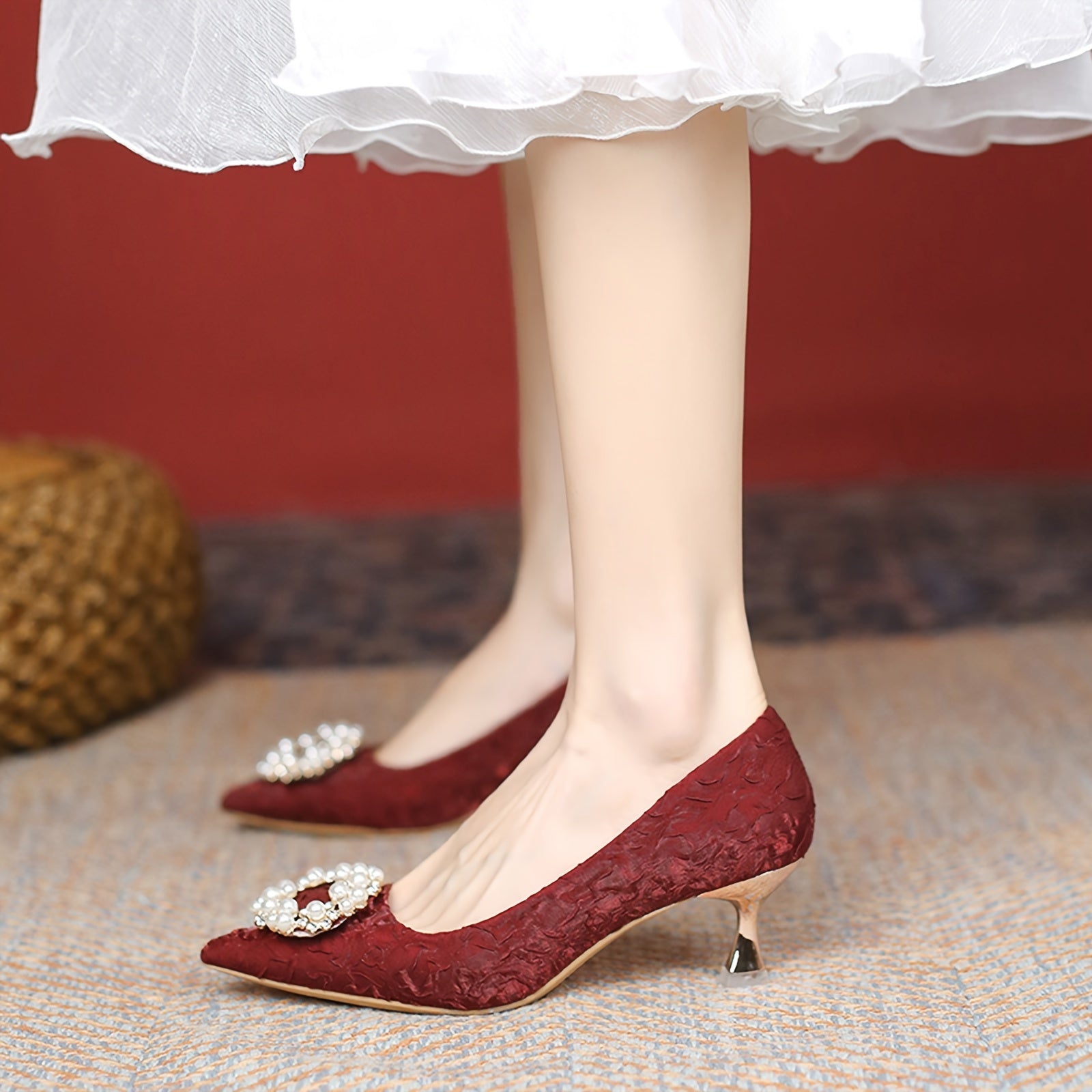 Circle Faux Pearl Kitten Heels Pointed Toe Slip On Low Heels
