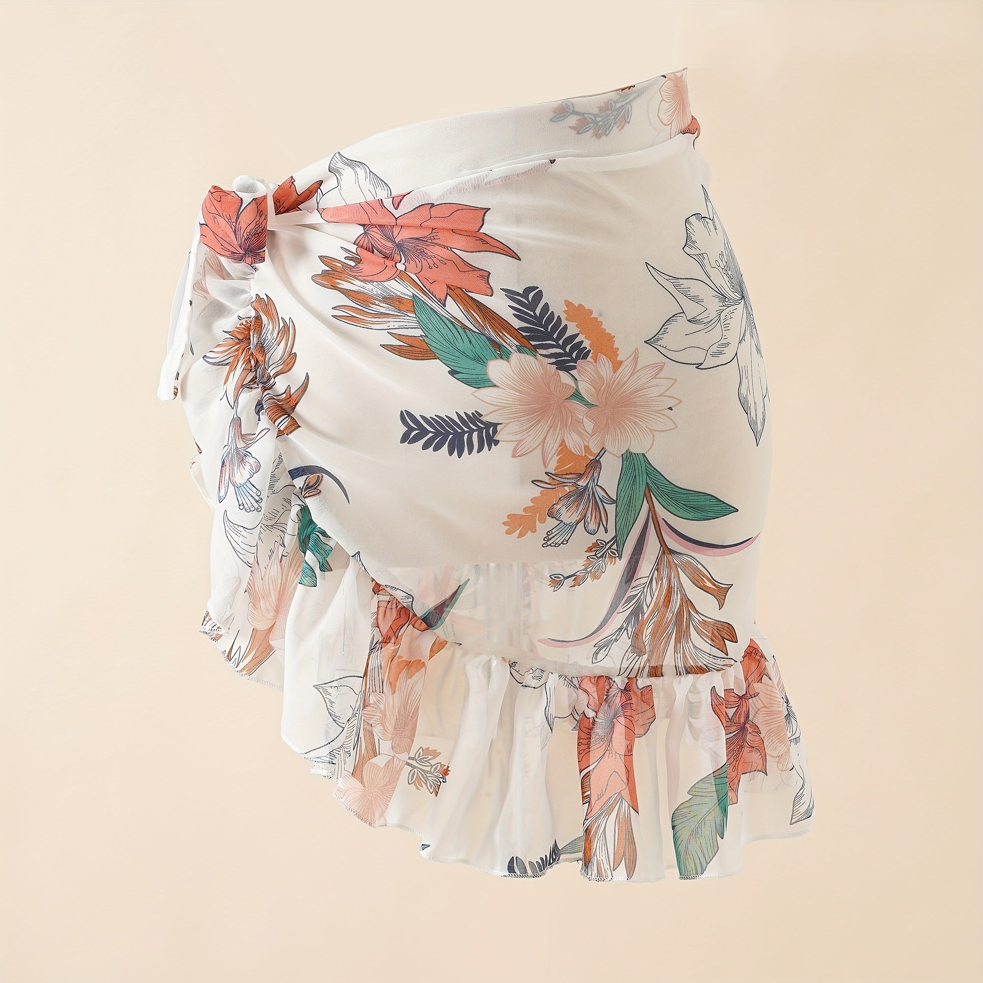 Boho Style Sheer Bikini Wrap Flower Print Cover Up Short Sarong Lace Up Skirt