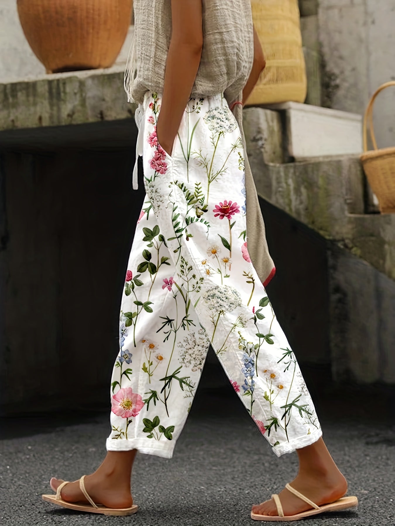 Floral Print Elastic Waist Pants with Pockets for Spring & Summer