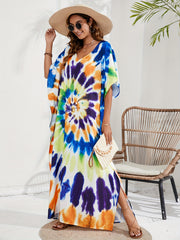 Boho Tie Dye Batwing Sleeve V Neck Kaftan Cover Up Dress