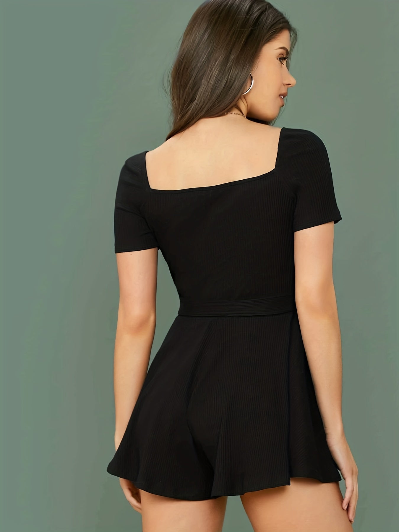 Solid Square Knit Romper Jumpsuit Casual Tie Waist Romper Jumpsuit