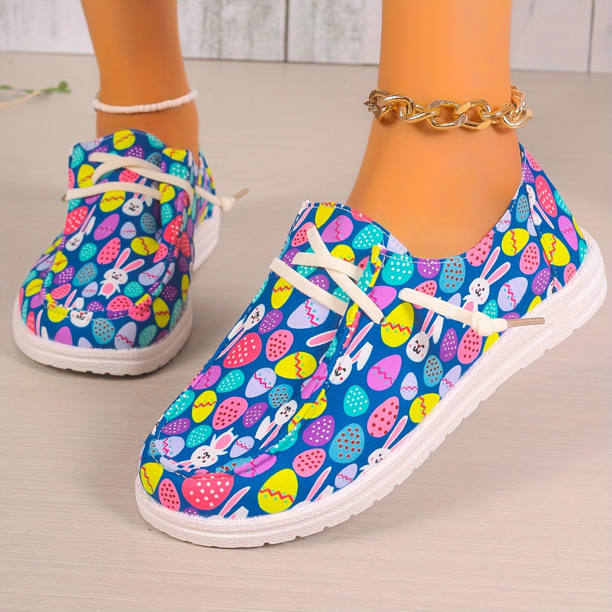 Women's Easter Eggs & Rabbit Graphic Canvas Shoes Lace up Flats
