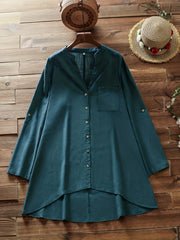 Casual Blouse Women's Plus Plain V Neck Button Up