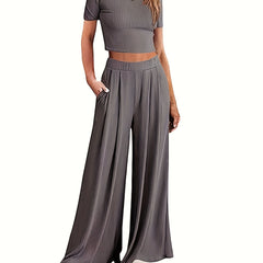 Solid Ribbed Two piece Set Short Sleeve Crop T shirt & Pocket Wide Leg Pants
