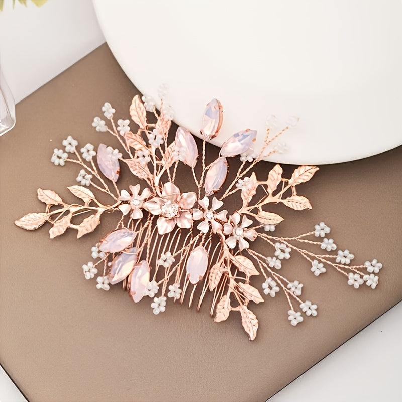 Rose Gold Hair Comb Floral Crystal Leaf Bridal Wedding Headpiece