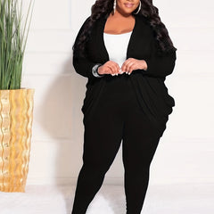 Plus Size Solid Side Ruched Long Sleeve Cardigan & Pant Set