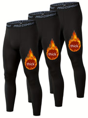 Men's Plush Solid Pocket Leggings Active Warm Compression Pants