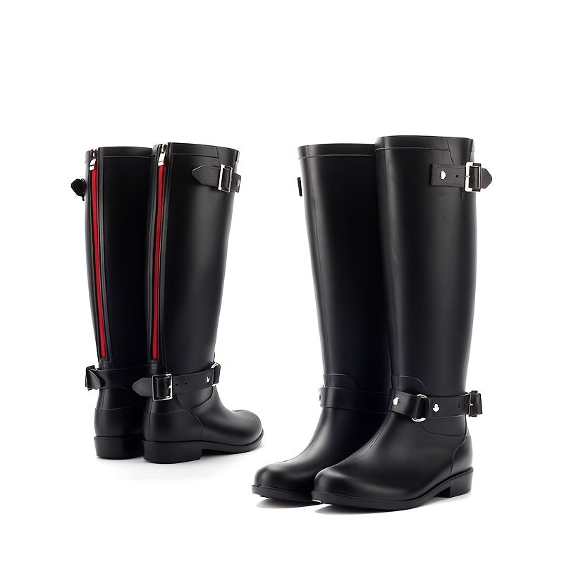 Women's Chunky Low Heel Knee High Rain Boots Waterproof