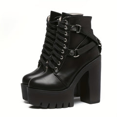 Women's Goth Chunky High Heeled Boots Lace Up Side Zipper Ankle Boots