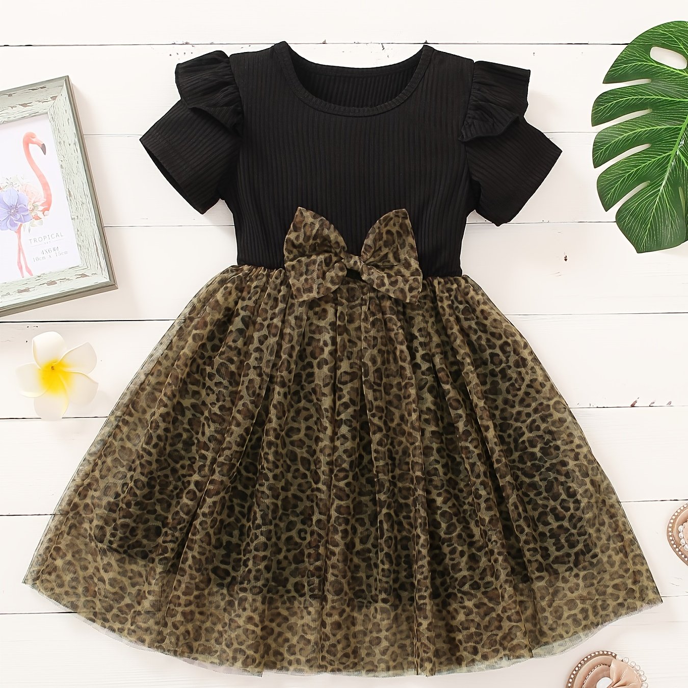 Toddler Girls Short Sleeve Leopard Tulle Princess Dress for Party