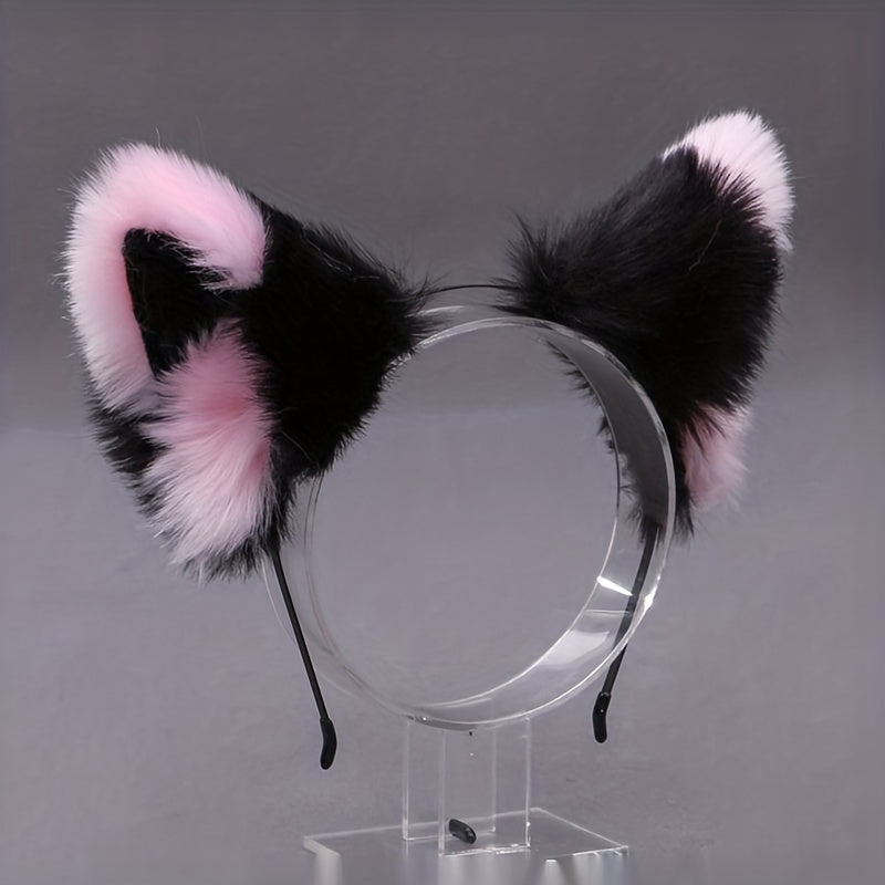 Black & Pink Fox Ear Hair Hoop Plush Headwear for Live Photo Props