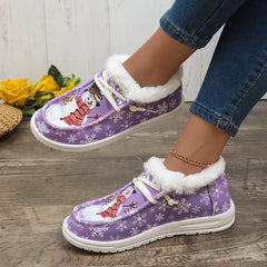Women's Winter Snow Boots Snowmen Snowflakes Plus Plush Lace-up Flat Skateboa