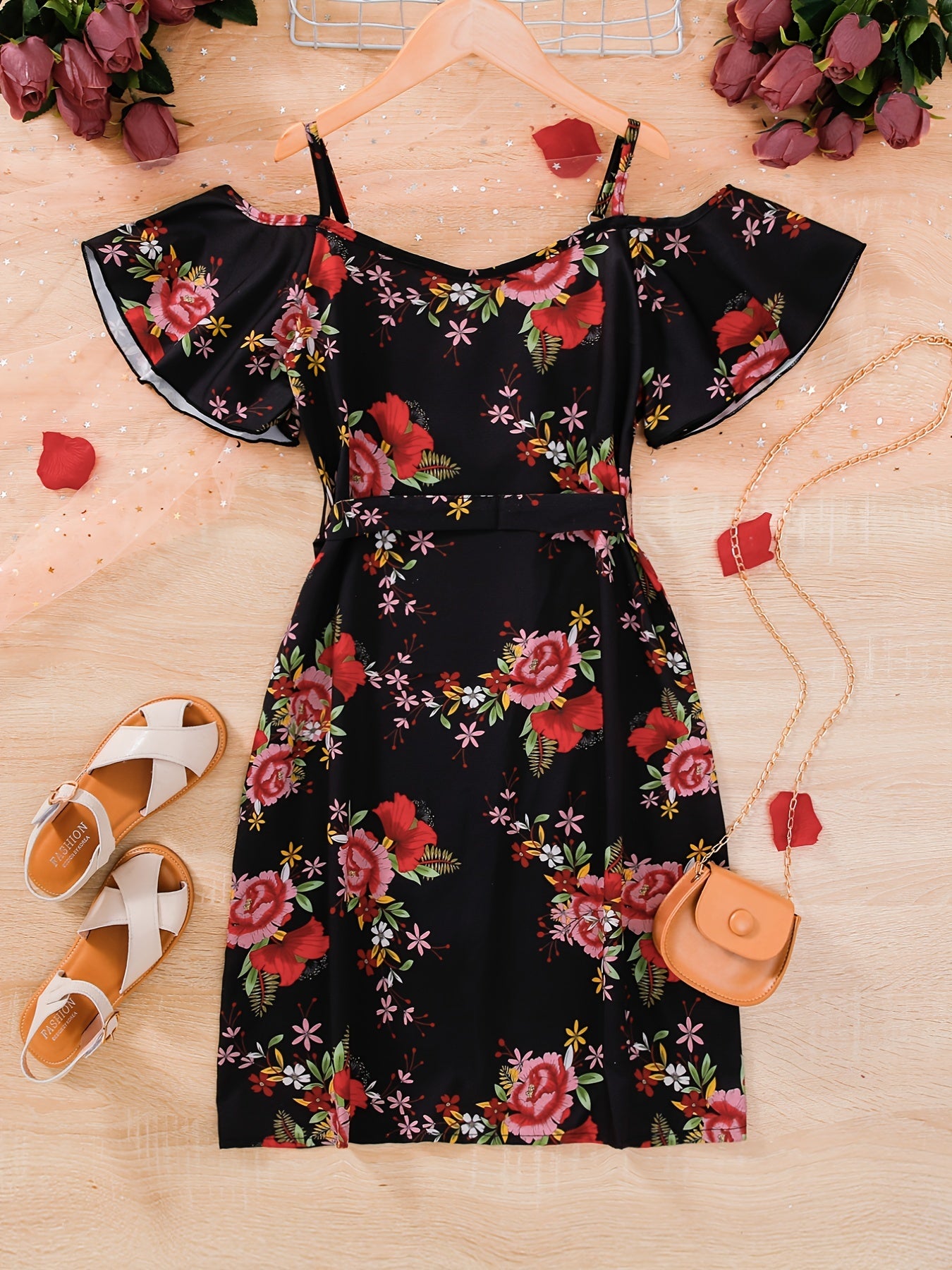 Girls Chiffon Flowers Print Cold Shoulder Dress With Belt