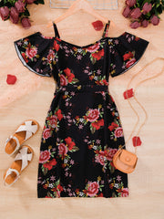 Girls Chiffon Flowers Print Cold Shoulder Dress With Belt