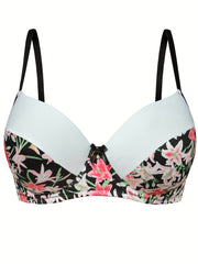 Colorblock Floral Print Molded Cup Underwire Bow Bra