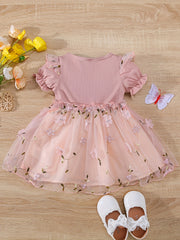 Baby Girls Floral Bowknot Mesh Puff Sleeve Dress