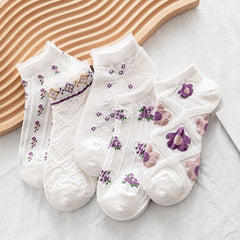 5 Pairs Floral Ankle Socks with Lace Trim Low Cut Stockin