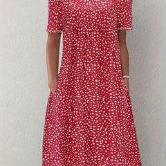 Boho Floral Print Dual Pockets Dress Short Sleeve Women's