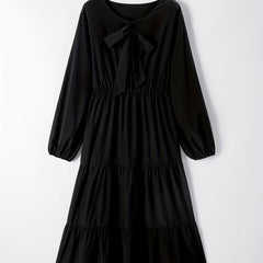 Solid Bow Knot Front Lantern Sleeve Round Neck Smock Maxi Dress