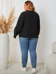 Ribbed Lace Trim Lantern Sleeve V Neck Top