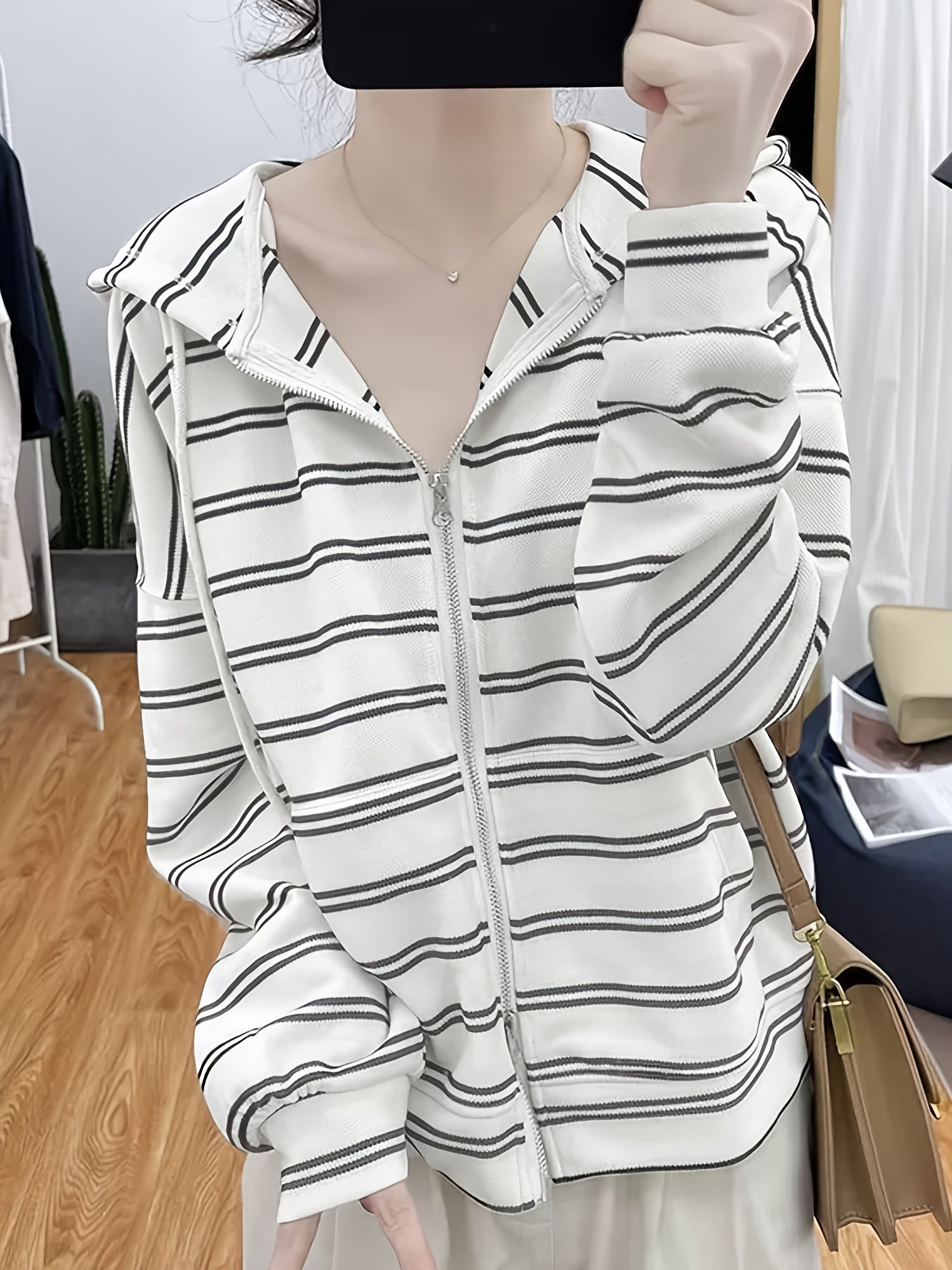 Striped Hoodie Print Zip Up Sweatshirt Spring & Fall Women's Clothing