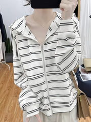 Striped Hoodie Print Zip Up Sweatshirt Spring & Fall Women's Clothing