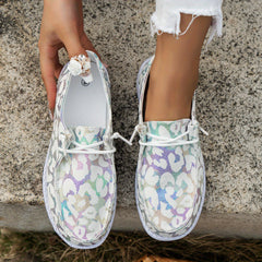 Leopard Print Canvas Lace-Up Flat Shoes Lightweight Slip-On