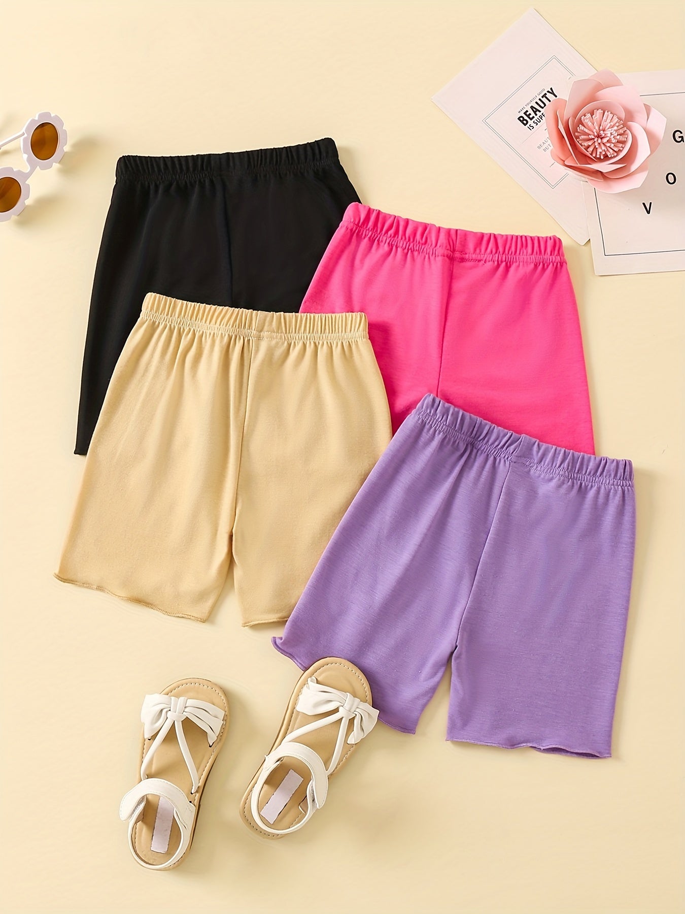 4pcs Toddler Girls Frill Trim Bow Waist Cotton Shorts Set