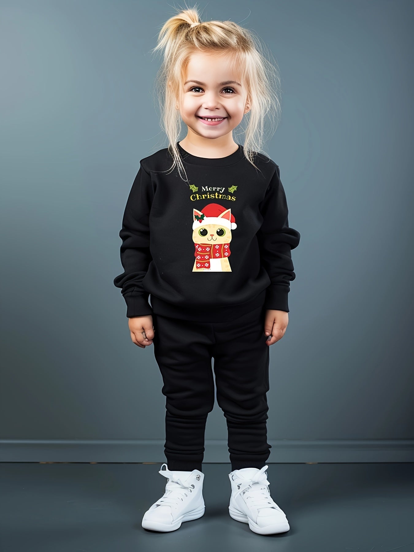 Girls 2pc Christmas Cat Crew Neck Sweatshirt Set