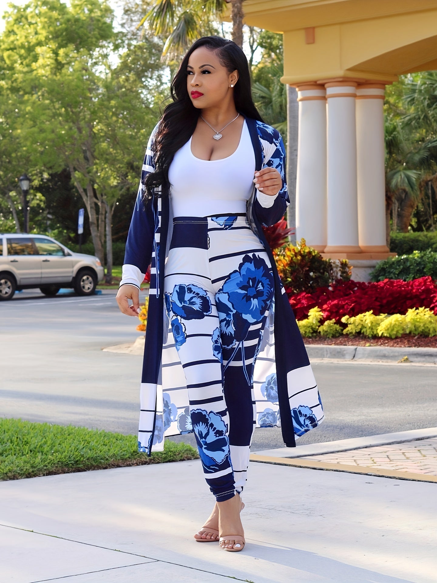 Floral & Stripe Print Cardigan & Leggings Set