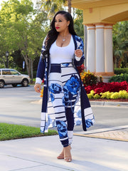 Floral & Stripe Print Cardigan & Leggings Set