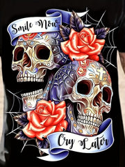Men's 3D Floral Skull Print T-shirt for Summer Outdoor