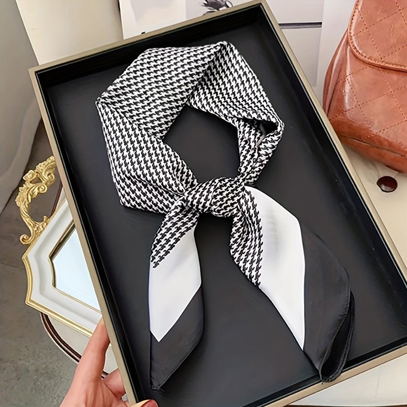 Houndstooth Print Square Scarf Satin Bandana Neckerchief Women Head Wrap