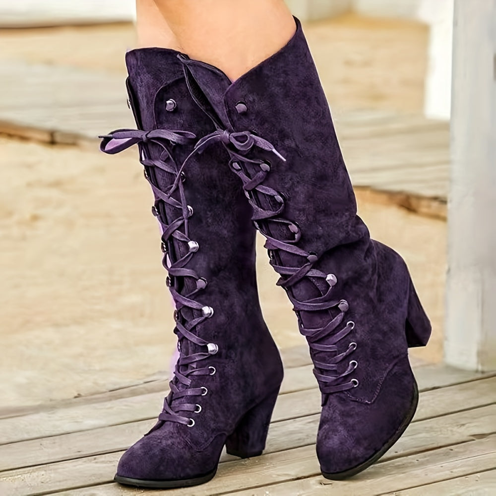 Women's Chunky Heeled Long Boots Lace Up Knee High Boots