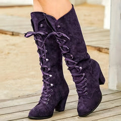 Women's Chunky Heeled Long Boots Lace Up Knee High Boots