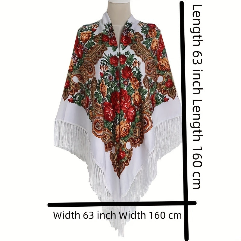 Boho Flower Print Tassel Shawl Cape Solid Cardigan Vintage Large Blanket Scarf