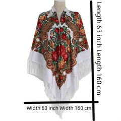 Boho Flower Print Tassel Shawl Cape Solid Cardigan Vintage Large Blanket Scarf