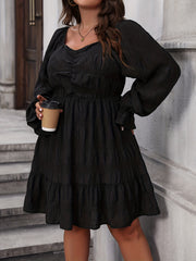 Solid Ruched Flounce Sleeve Square Neck Smock Dress