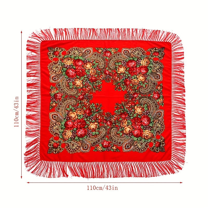 Flower Print Tassel Shawl Boho Square Scarf Vintage Wrap