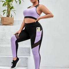 Colorblock Cut Out Crop Tank & Mesh Yoga Leggings Set