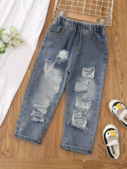 Girls Cartoon Pattern Denim Jeans Elastic Waistband Kids Clothes