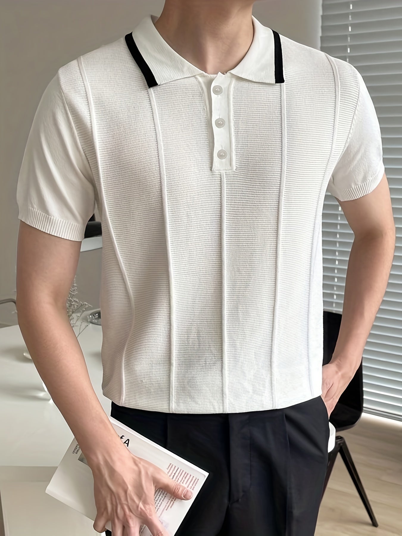 Knit Short Sleeve Polo V-Neck Button-Up Casual Top Men's Tee