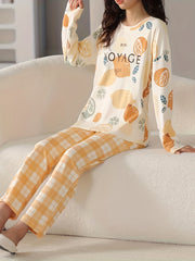 Lemon Print Pajamas Set Short Sleeve Crew Neck Top & Plaid Pants