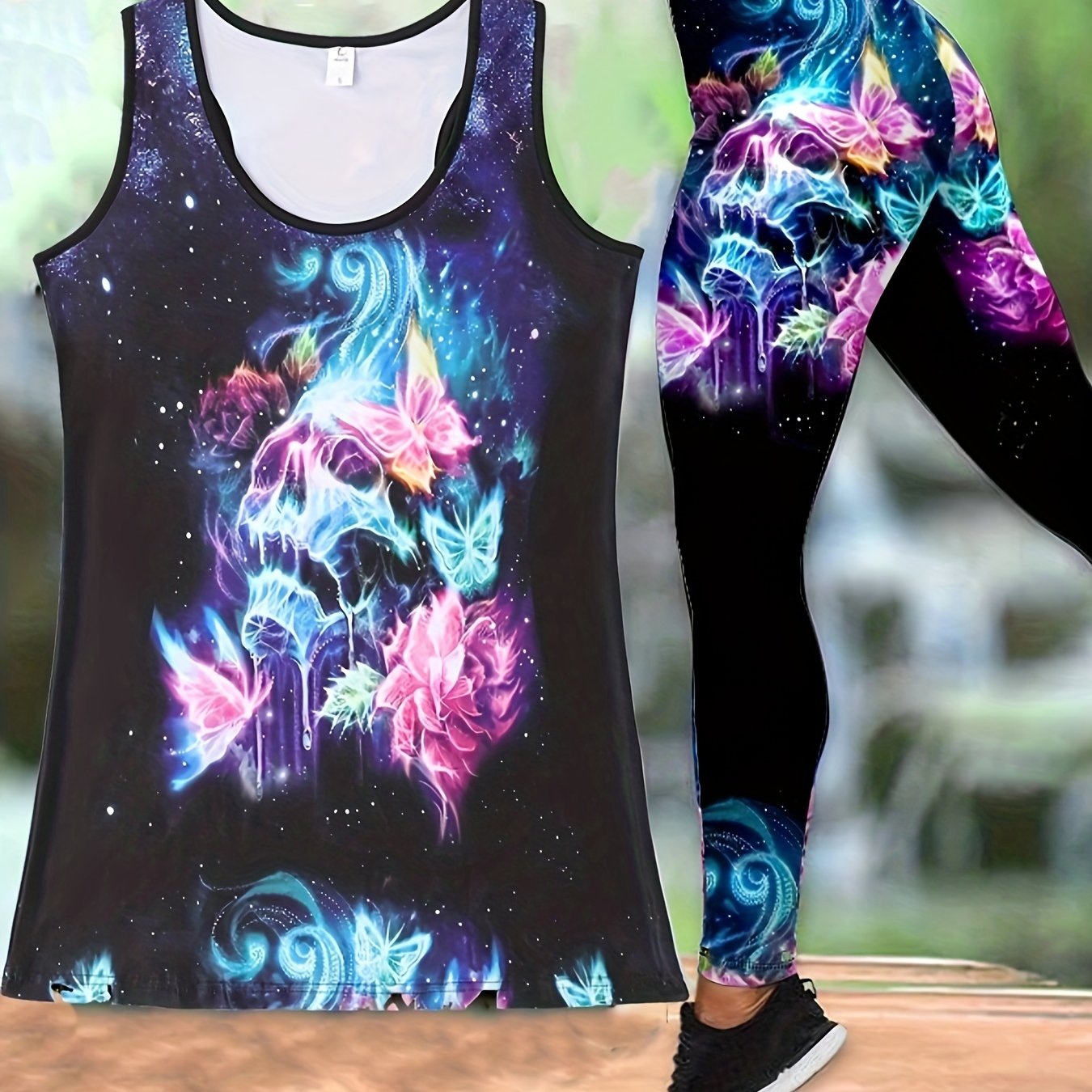 Butterfly Print 2pc Set Crew Neck Tank Top & Leggings Outfit Women's Clothing