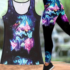 Butterfly Print 2pc Set Crew Neck Tank Top & Leggings Outfit Women's Clothing