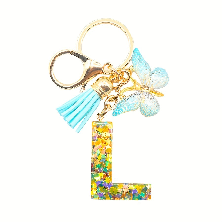 Resin Initial Letter Keychain with Butterfly Pendant and Tassel