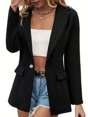 Waffle Grid Button Front Blazer Long Sleeve Women's Clothing