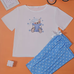 Bear Print Pajama Set Short Sleeve Top & Pants Women's Sleepwear